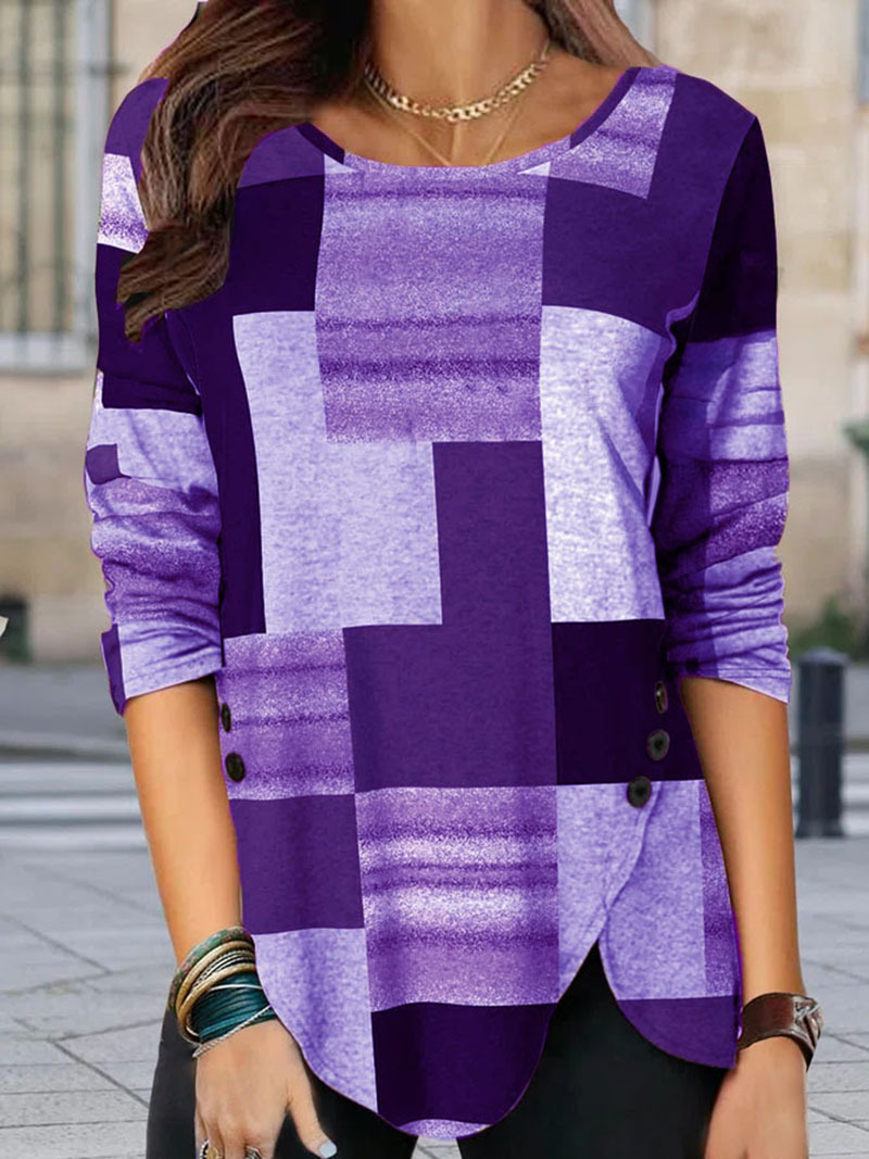 Women's Colorblock Print Long-Sleeve Crewneck Pullover T-Shirt