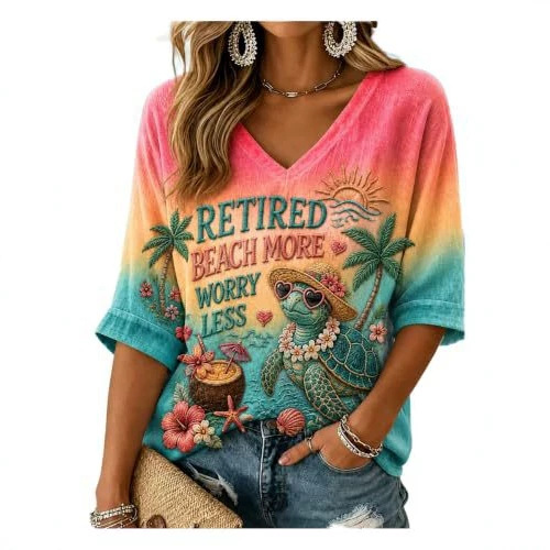 Women's Summer V-Neck Half-Sleeve Printed T-Shirt