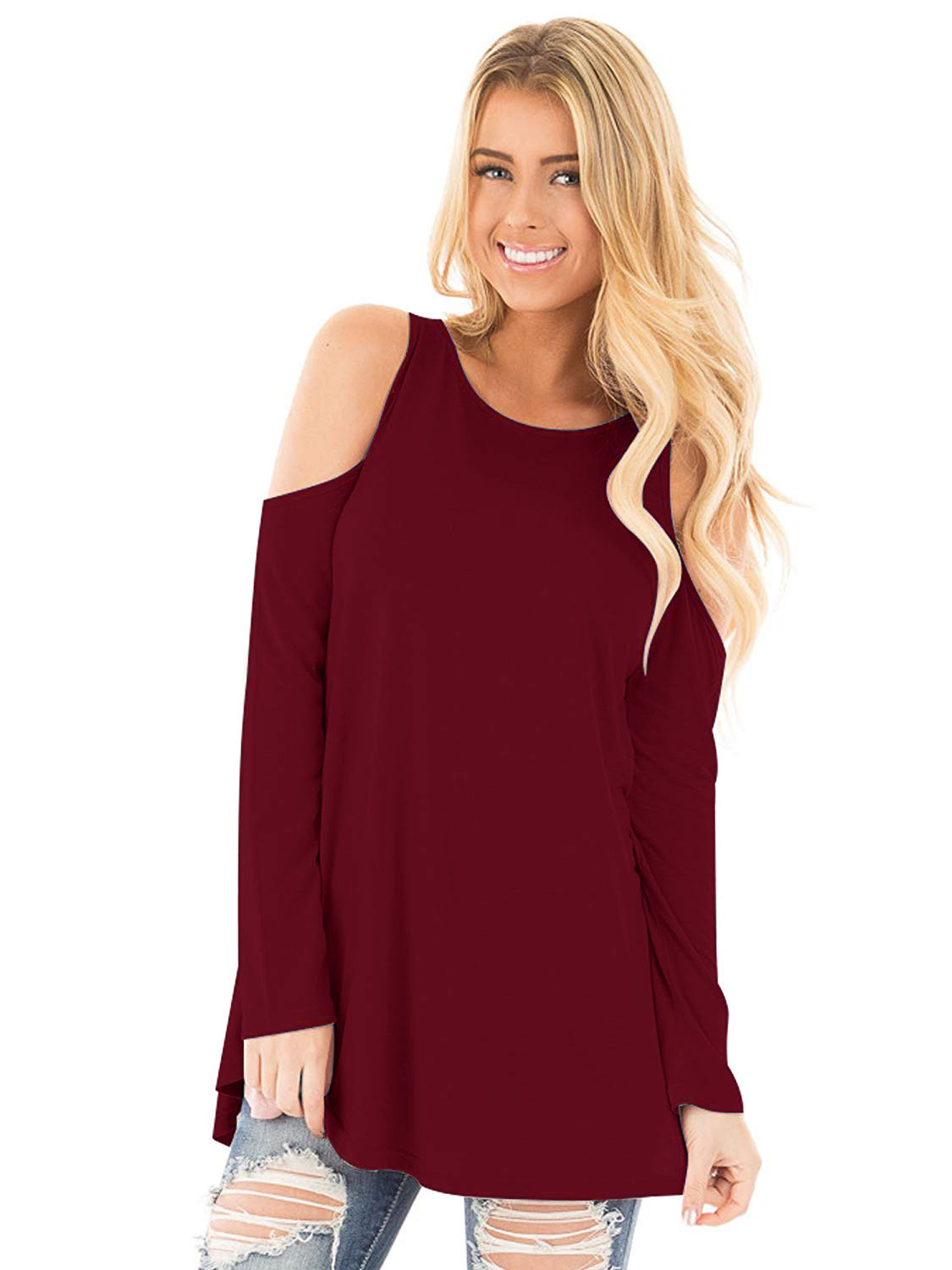 Women's Long Sleeve Off-Shoulder Round Neck T-Shirt