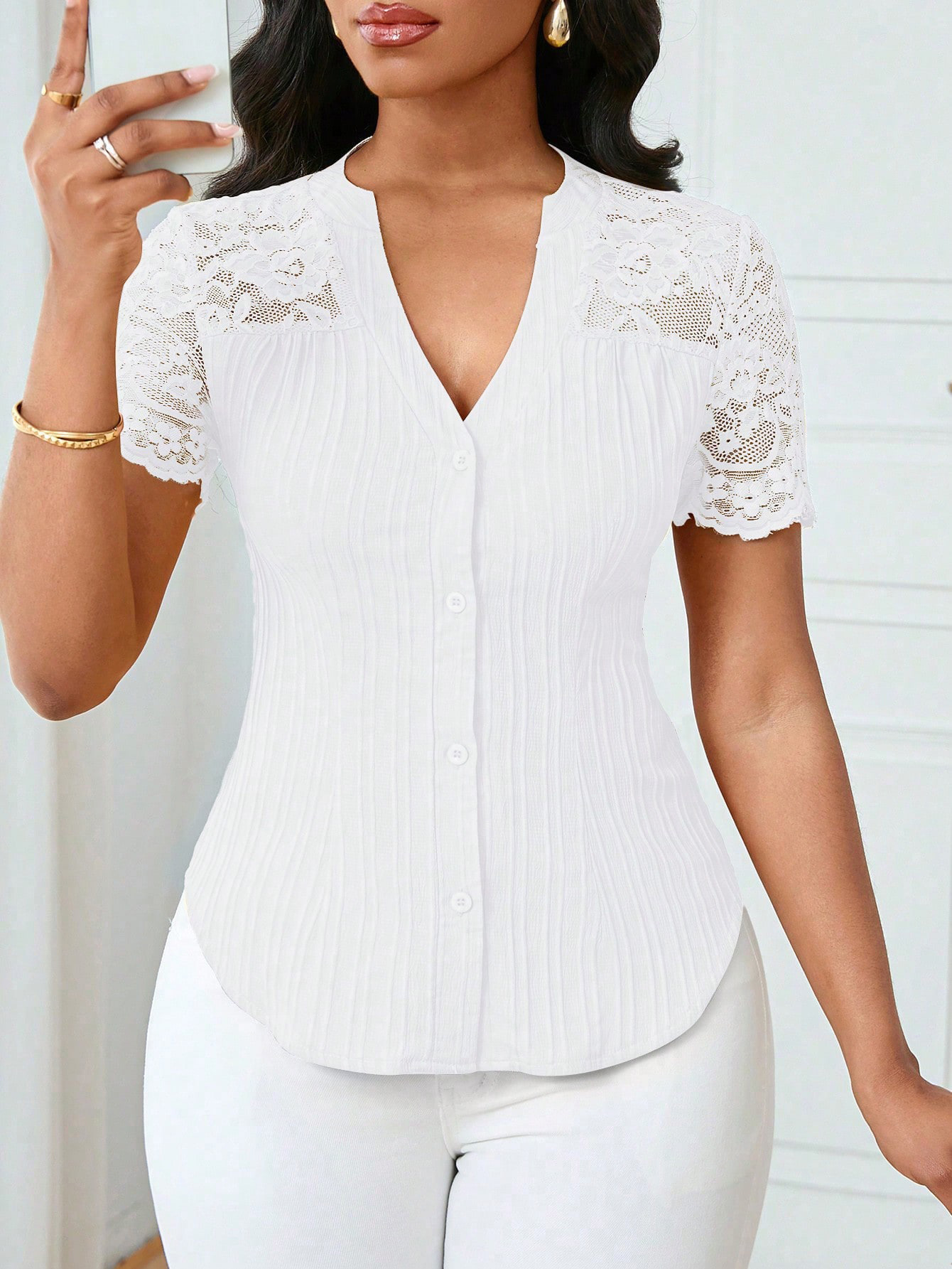 Women's Single-Breasted Embroidered Cutout Short-Sleeve Top