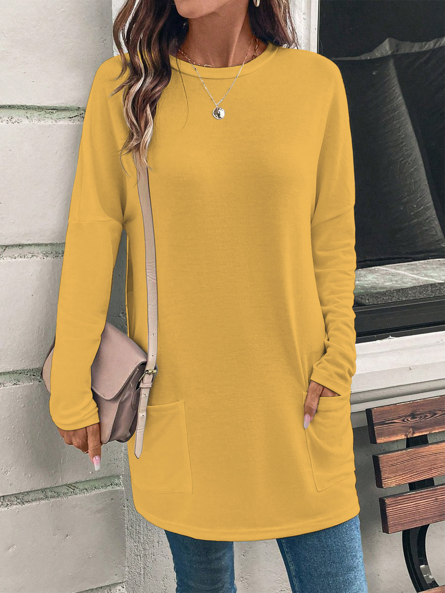Women's Solid Color Long Sleeve Loose Crewneck Pocket T-Shirt