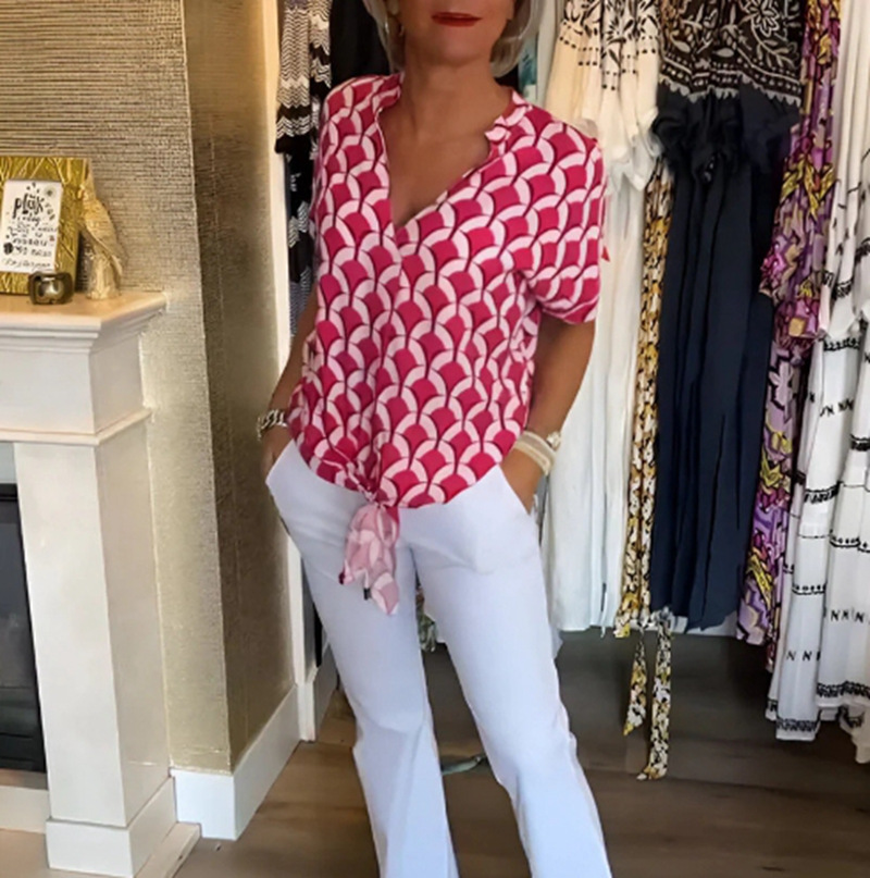 Elegant Printed V-Neck Short Sleeve Top