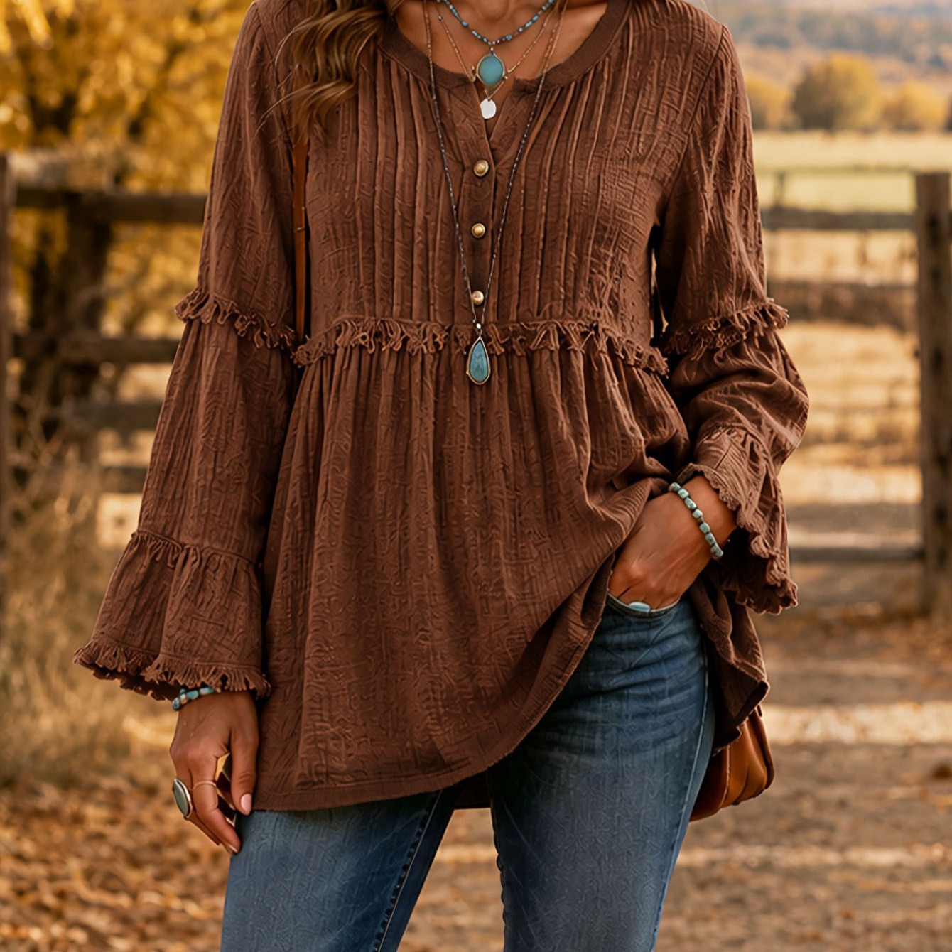 Women's Loose Long Sleeve V-Neck T-Shirt with Lace Trim