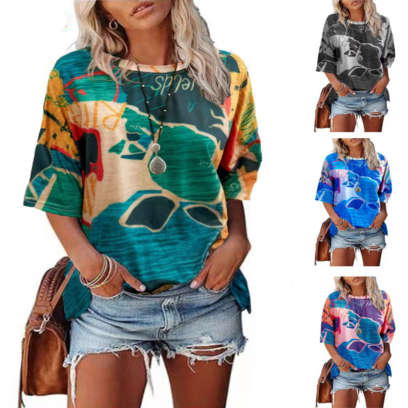 Women's Summer Round Neck Printed Loose Short Sleeve T-Shirt
