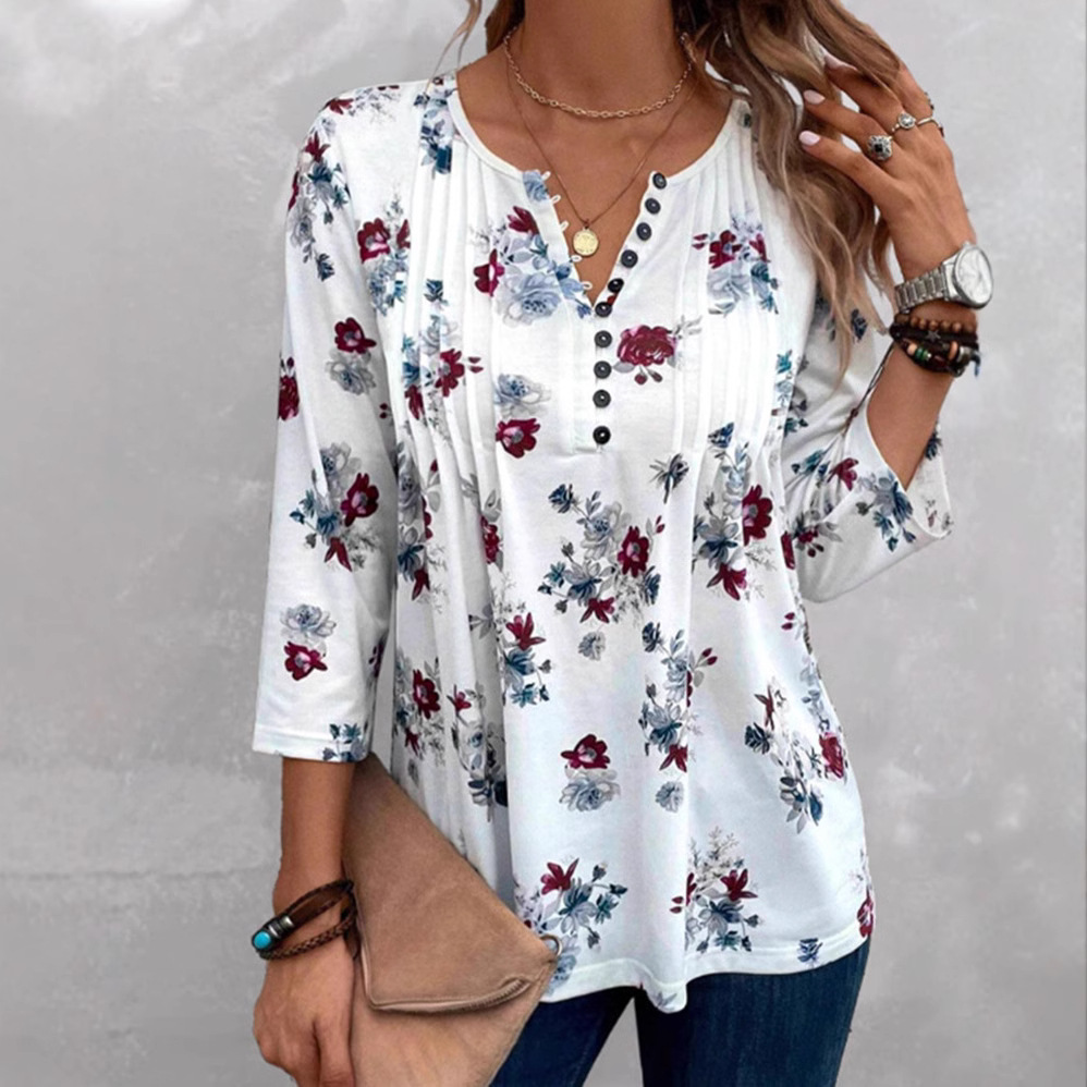 Women's V-Neck Floral Print Top Casual Pullover