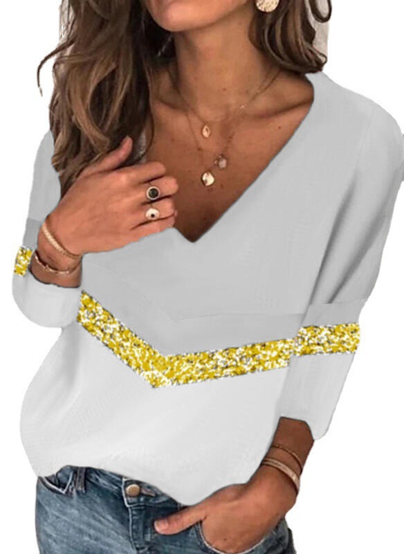 Women's Loose Fit Printed V-Neck Long Sleeve T-Shirt