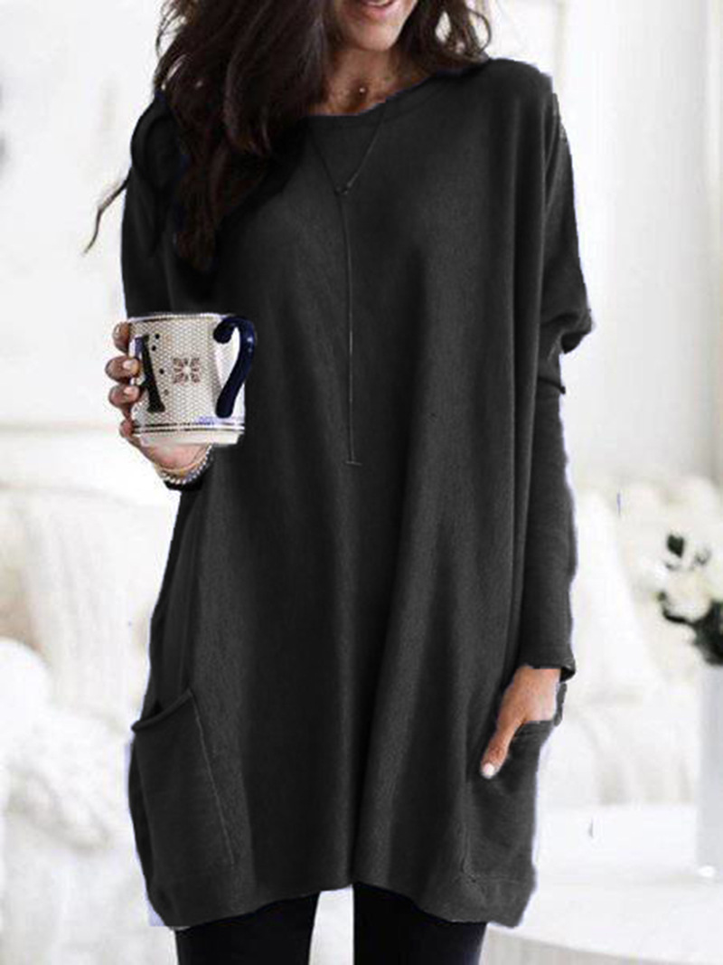 Women's Long Sleeve Pocket T-Shirt Casual Loose Fit Crew Neck Top