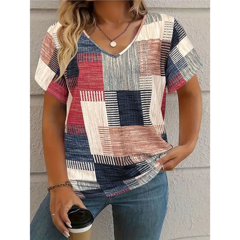 Women's Square Print V-Neck Short Sleeve T-Shirt