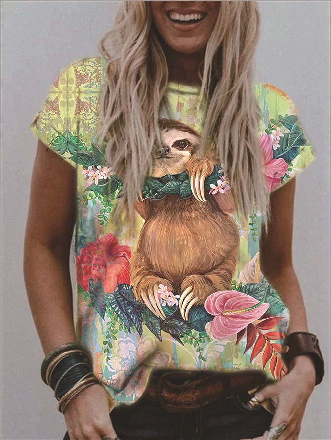 Women's V-Neck Floral Print Short Sleeve Loose Fit T-Shirt