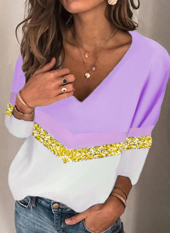 Women's Loose Fit Printed V-Neck Long Sleeve T-Shirt
