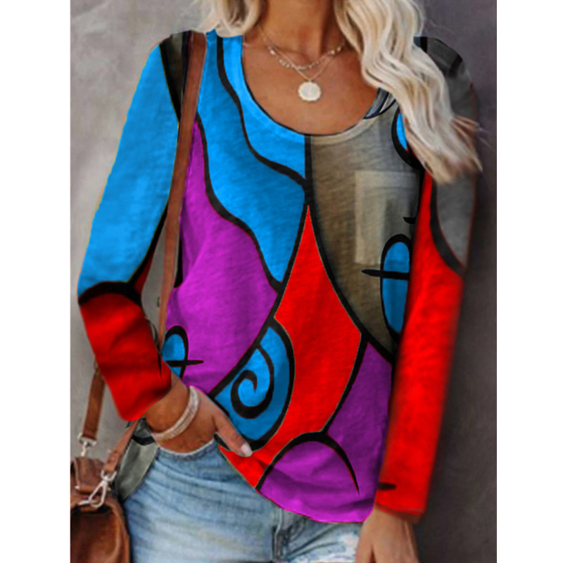 Women's Colorblock Geometric Print Long Sleeve T-Shirt