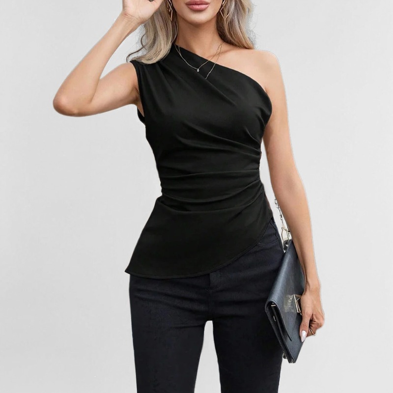 Solid One-Shoulder Asymmetric Sleeveless Top