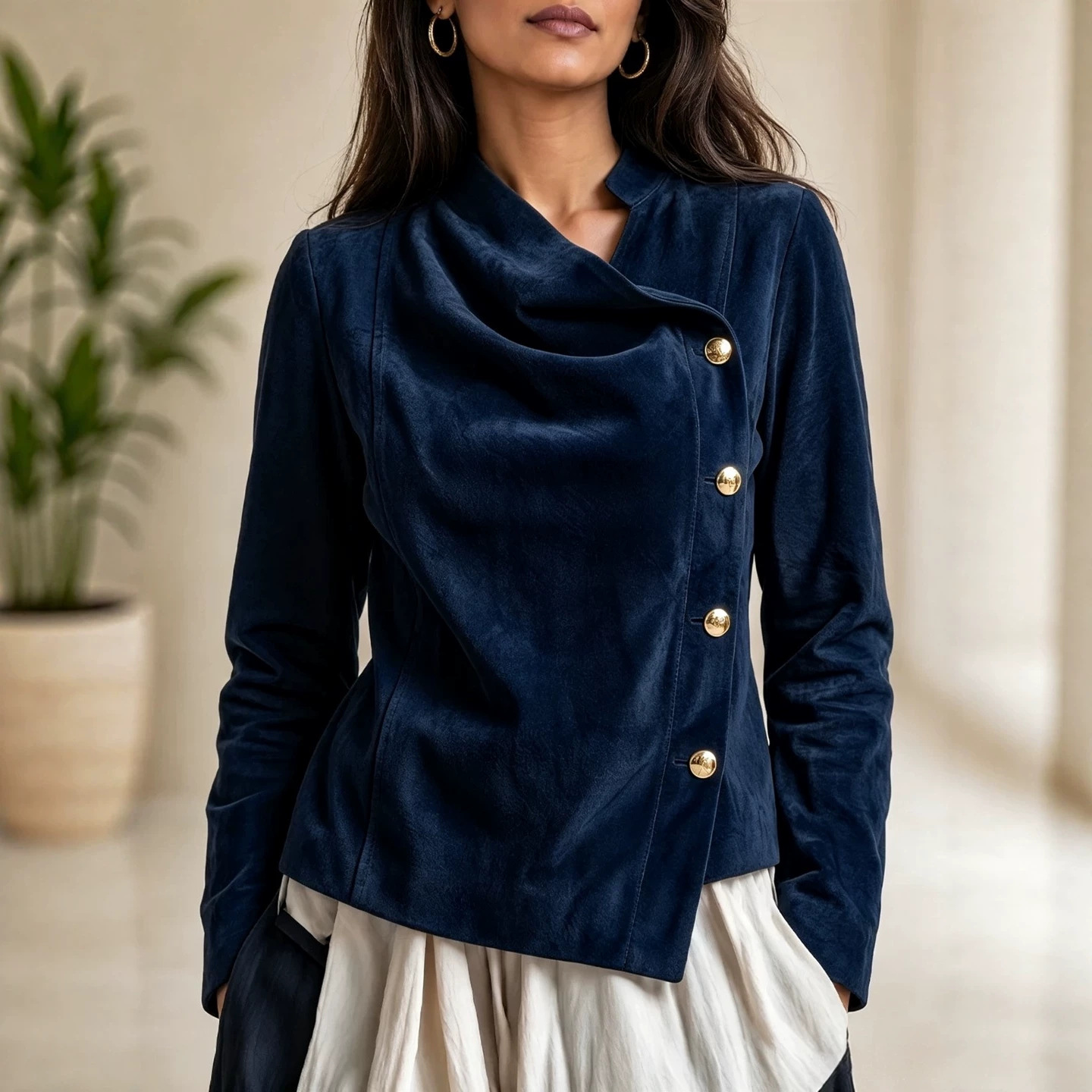 Suede Stand Collar Asymmetric Button Short Jacket