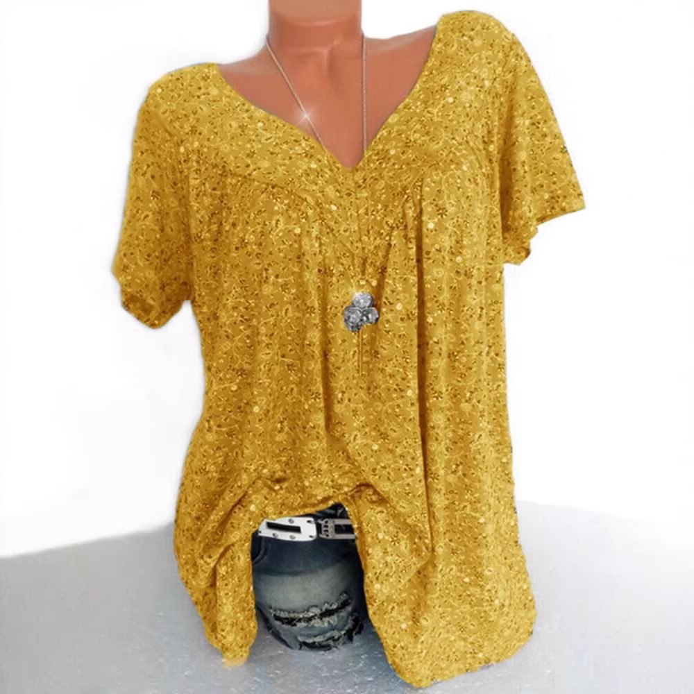V-Neck Loose Short Sleeve Printed T-Shirt