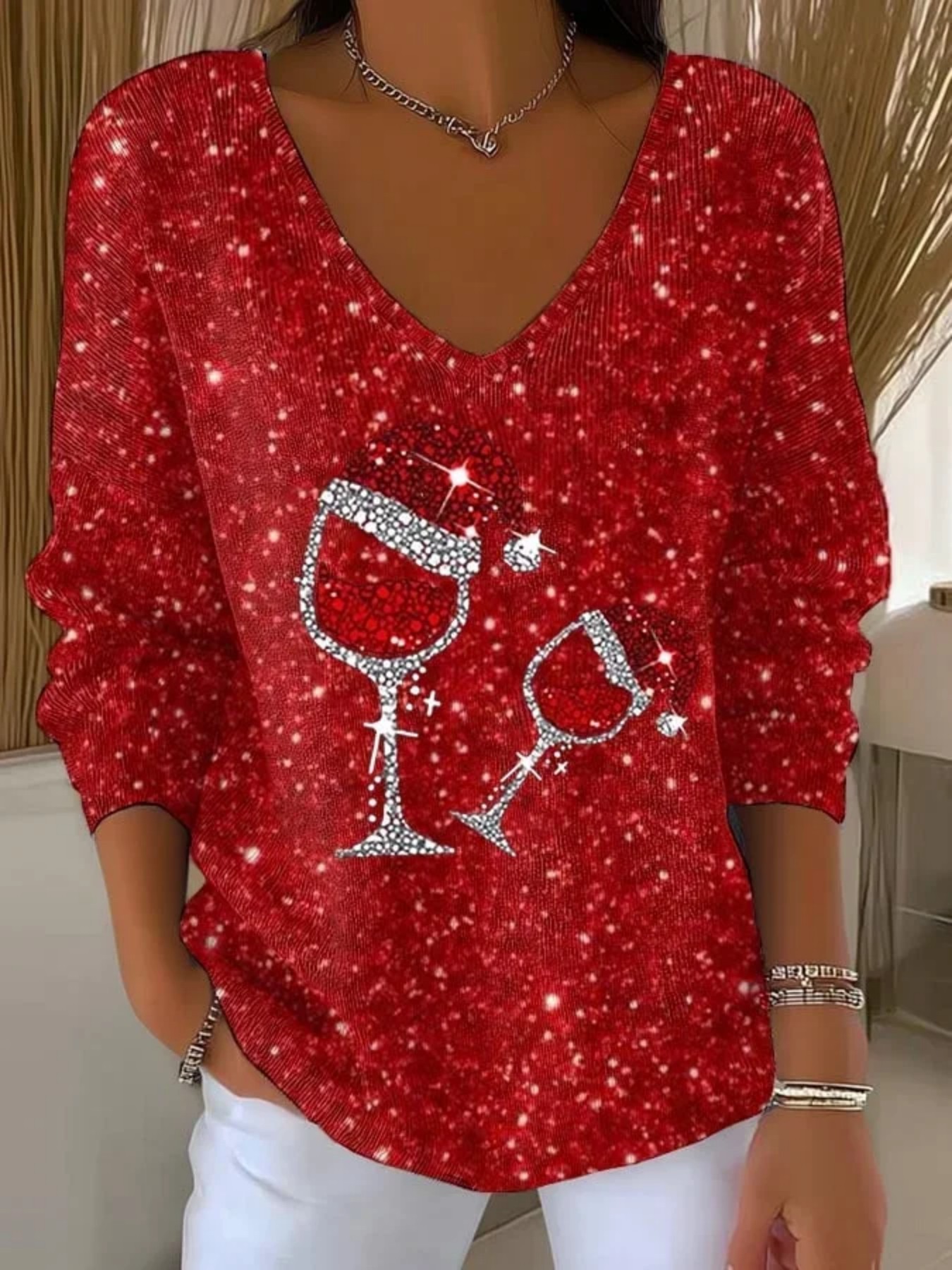 Christmas Tree Ribbon Print V-Neck Long-Sleeve T-Shirt