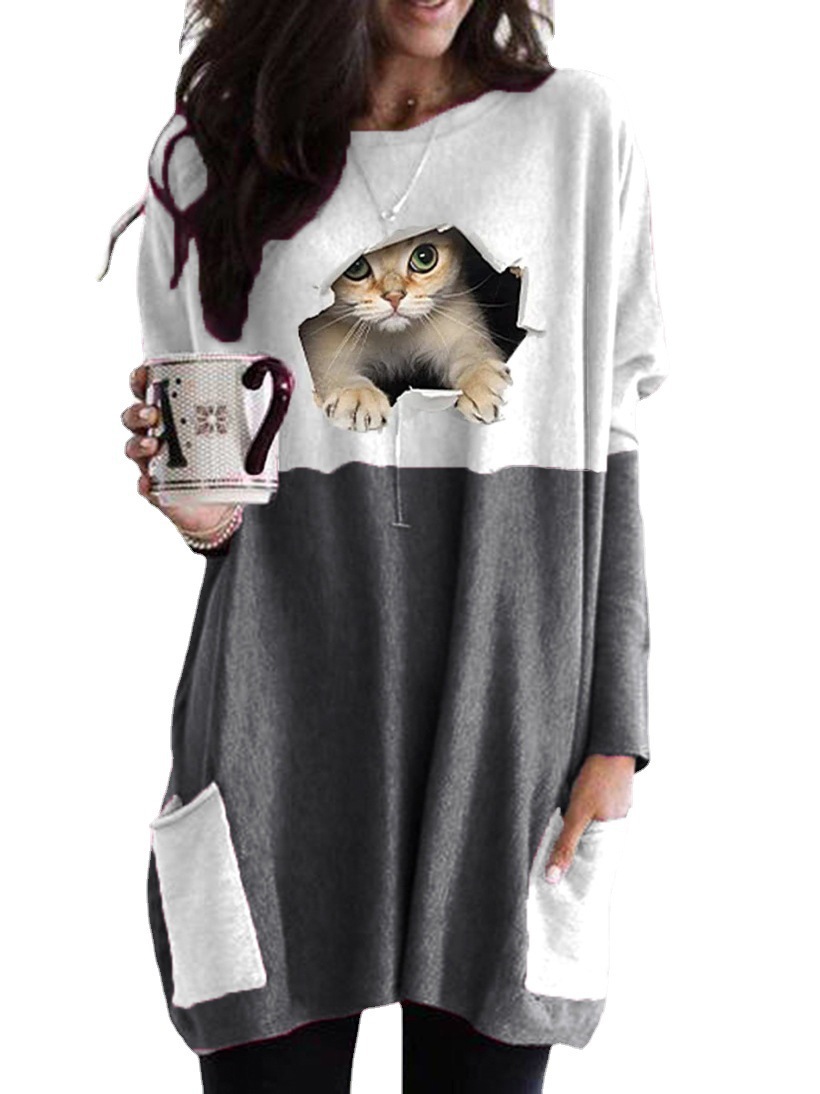 Color Block Cat Print Crewneck Long Sleeve T-Shirt for Women