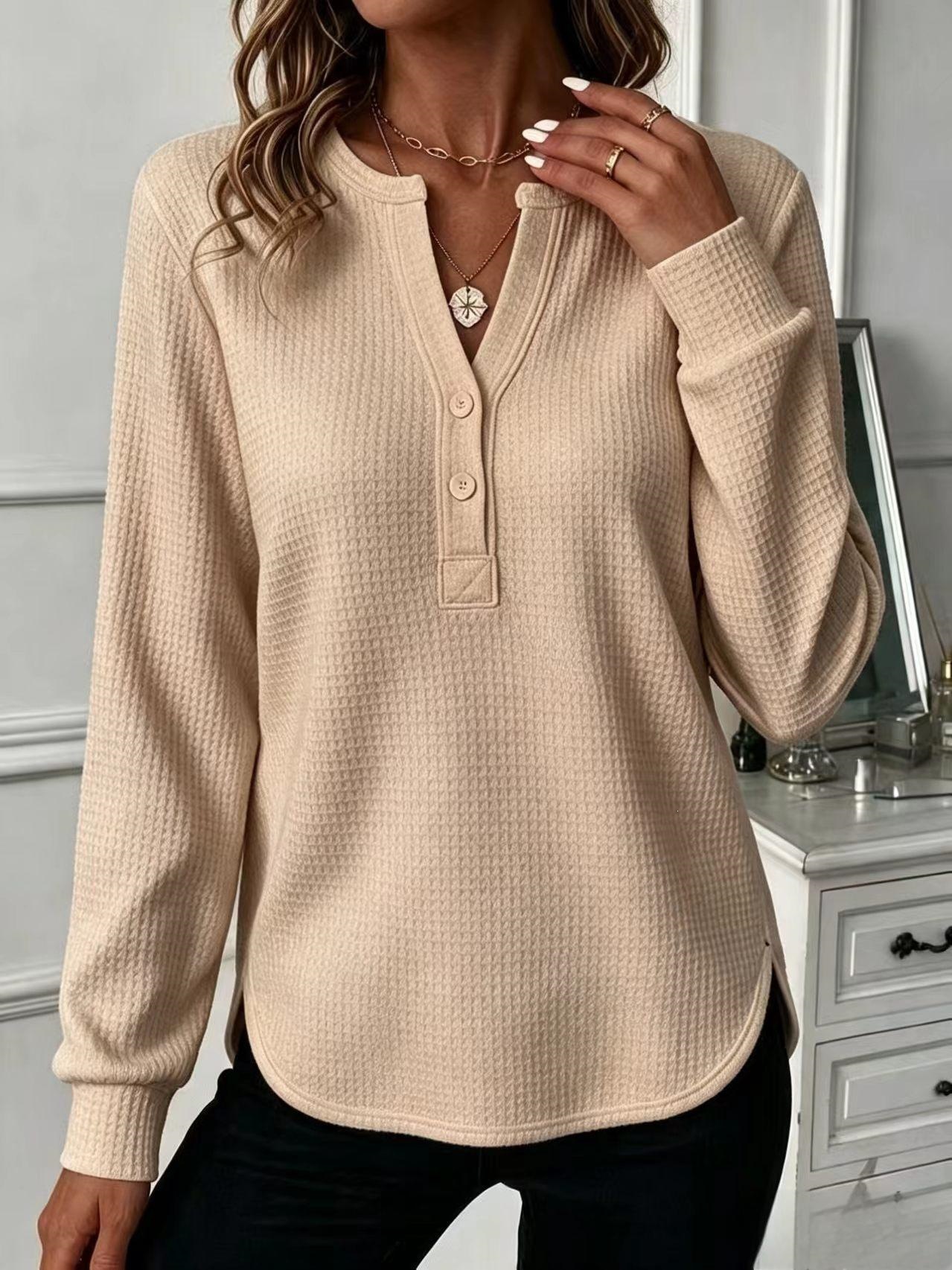 Waffle Knit V-Neck Button Loose Fit Long Sleeve Top