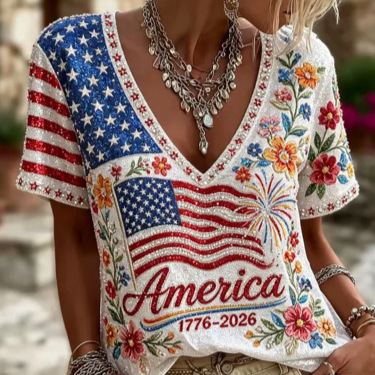 American Flag Floral Print V-Neck Short Sleeve Women's T-Shirt