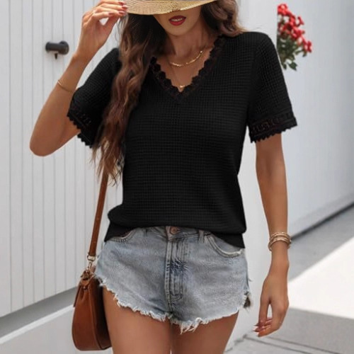 Women's V-Neck Waffle Knit Lace Trim Short Sleeve Top