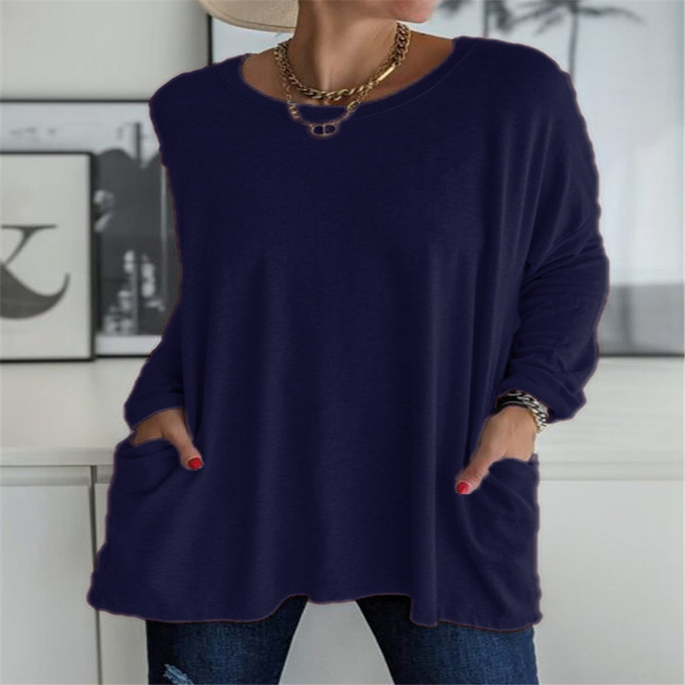 Women's Loose Fit Crewneck Long Sleeve Solid T-Shirt with Pocket