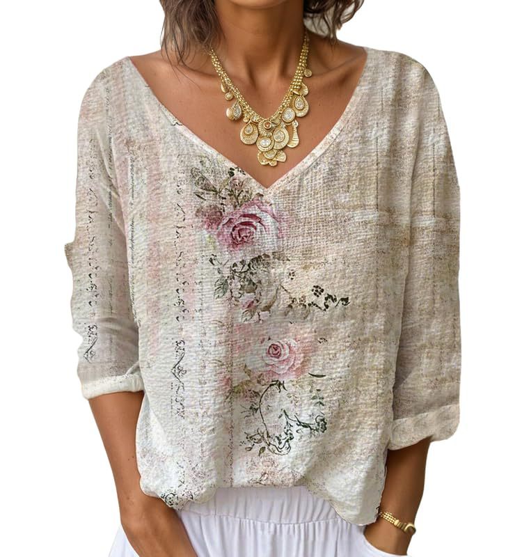 Women's V-Neck Long Sleeve Printed T-Shirt