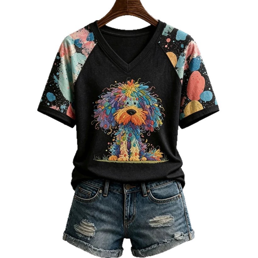 Women's Short Sleeve V-Neck T-Shirt with 3D Dog Print