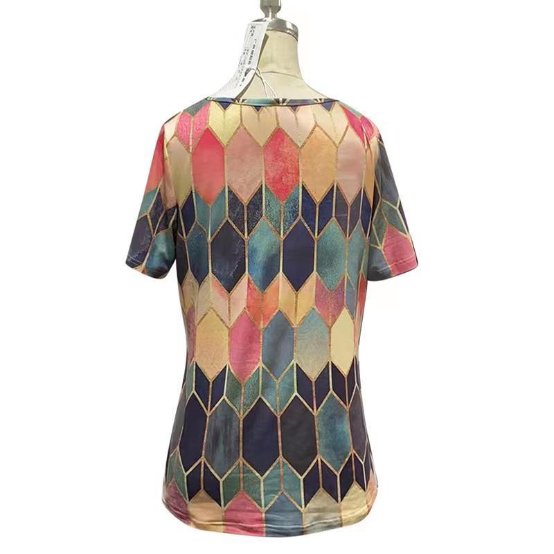 Women's Colorblock V-Neck Short Sleeve Printed Top T-Shirt