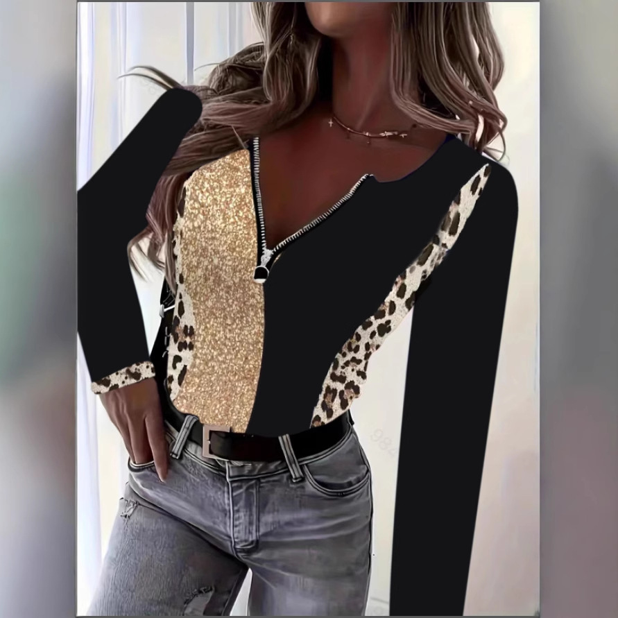 Leopard Print Mesh Panel Long Sleeve Round Neck Slim Fit Women's Top