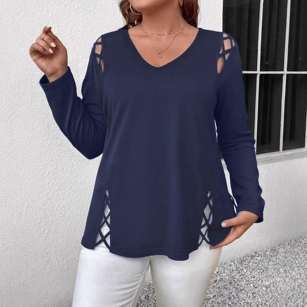 Plus Size Sexy V-Neck Crisscross Cutout Long Sleeve T-Shirt