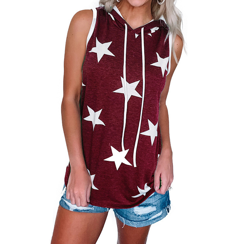 Women's Star Print Hooded Sleeveless T-Shirt