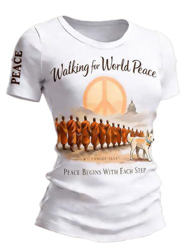 Women's Summer Waist-Fitted Crew Neck Short Sleeve Top with Monk and Peace Dog Print
