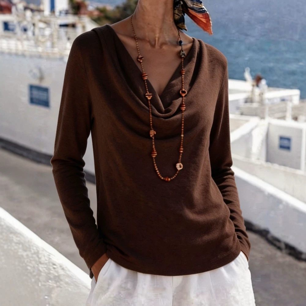 Women's Casual Loose Solid Color Cowl Neck Long Sleeve Pullover Top