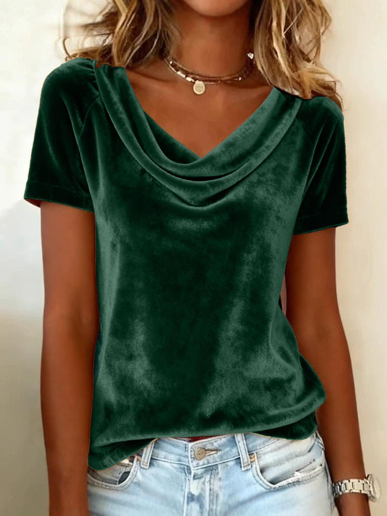 Solid Cowl Neck Short Sleeve Velvet T-Shirt