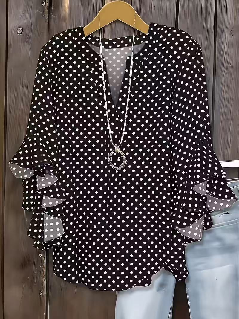 Polka Dot Print V-Neck Half-Sleeve Women's T-Shirt