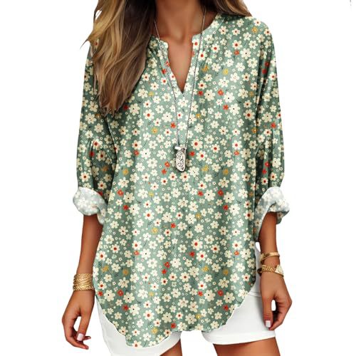 Women's Floral Polka Dot Print V-Neck Long Sleeve T-Shirt