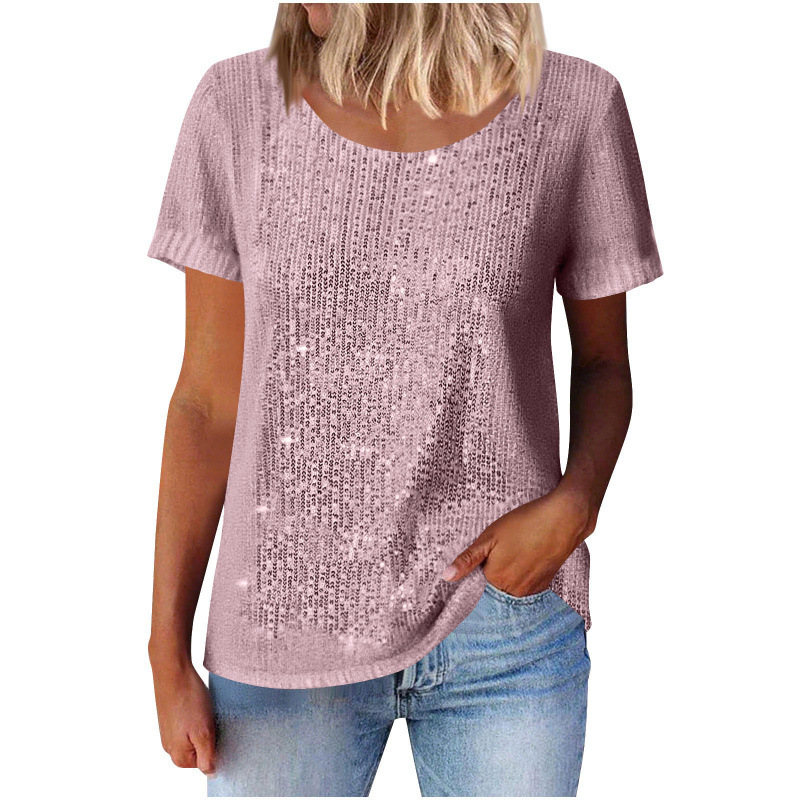 Women's Sequin Loose Crewneck Short Sleeve Top