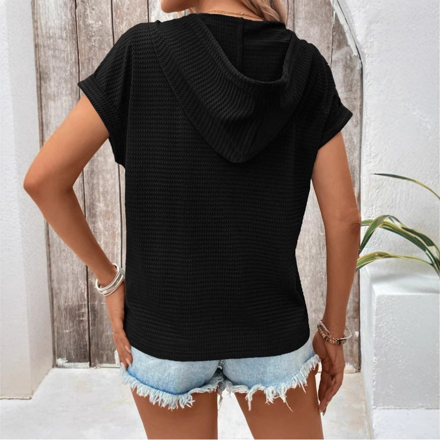 Women's Casual Hooded Short Sleeve T-Shirt with Buttons