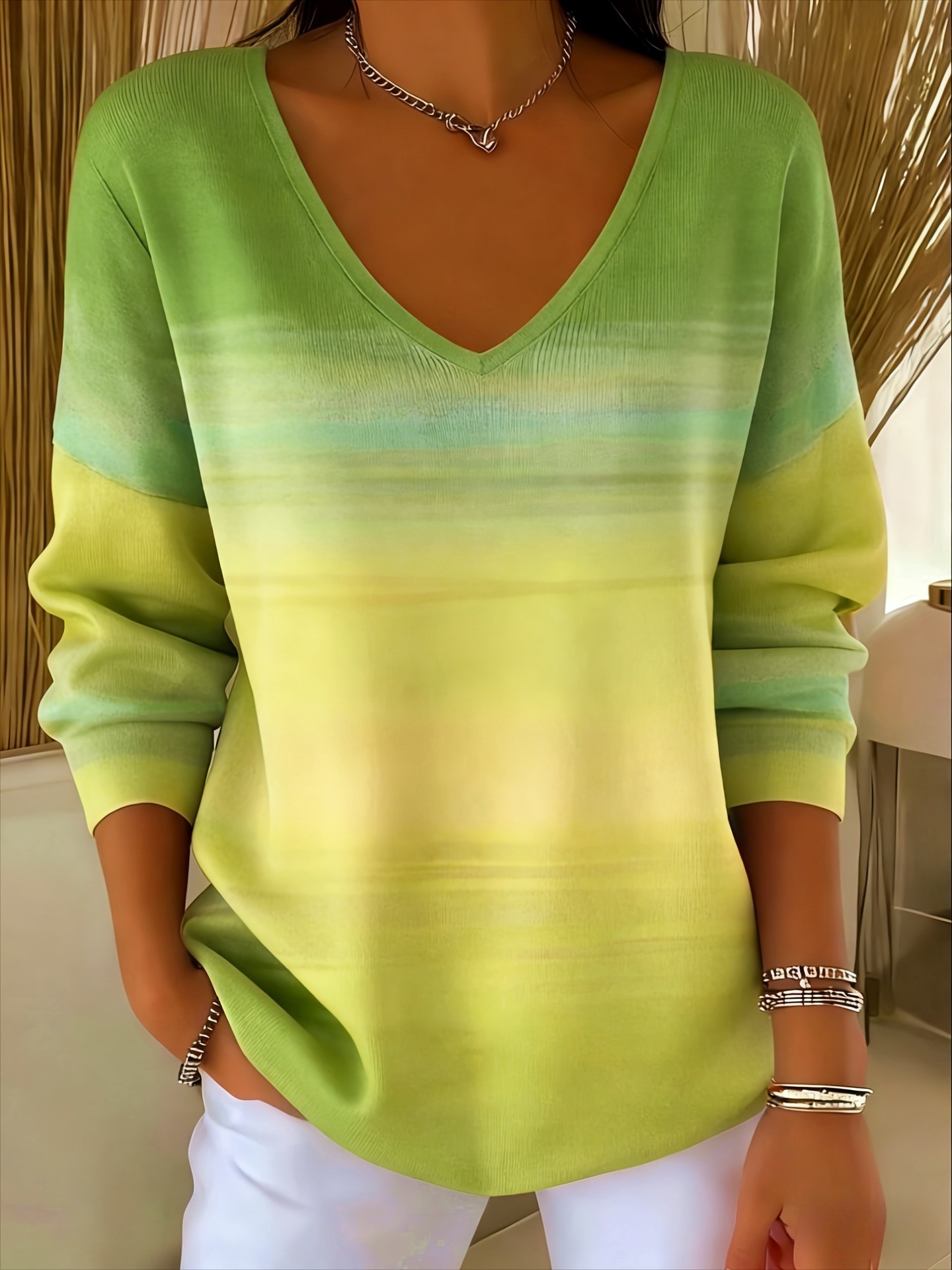 Colorful Leaf Striped V-Neck Long-Sleeve T-Shirt for Women