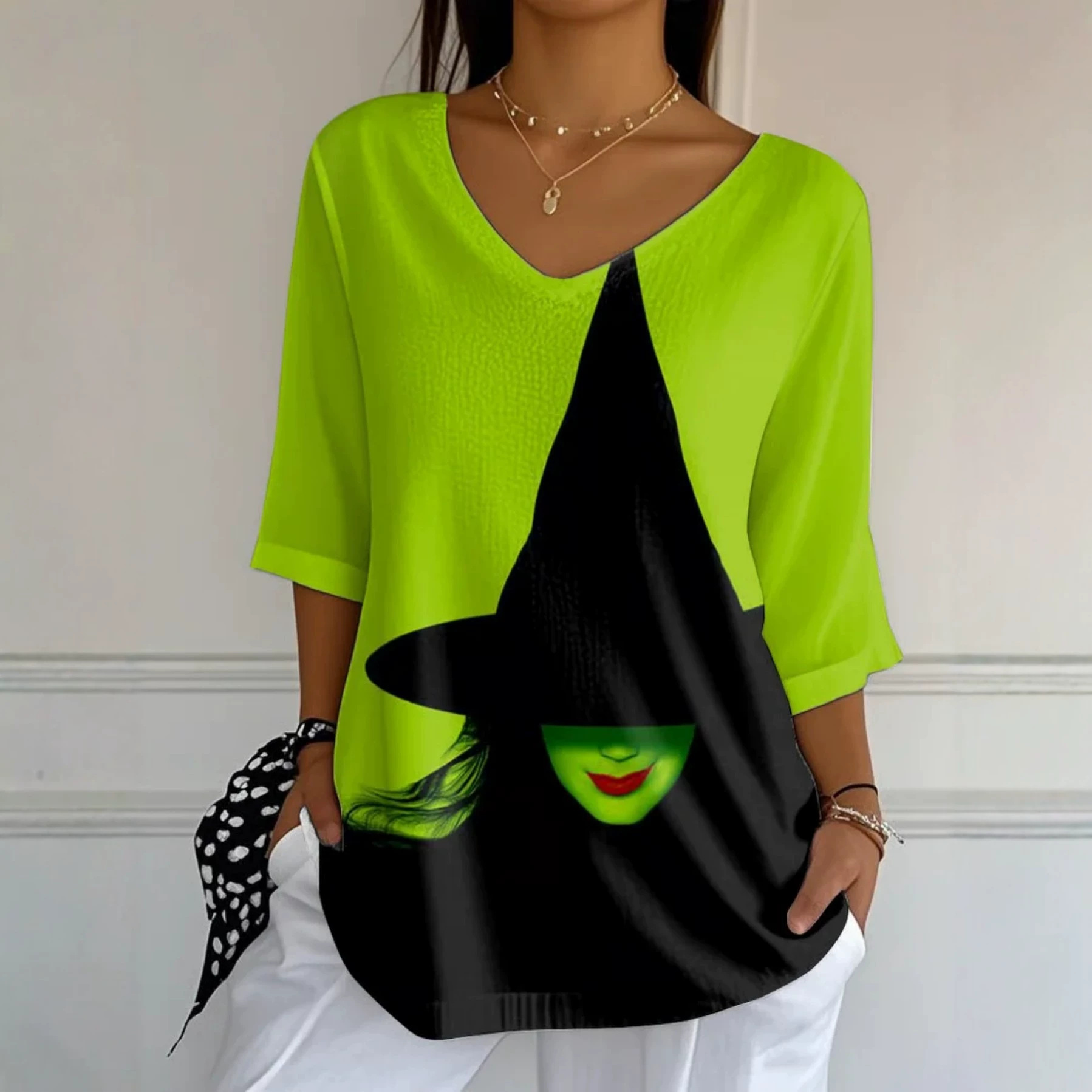 Halloween Ghost Print V-Neck Half-Sleeve Women's T-Shirt