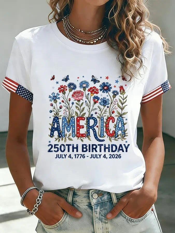 Women's Summer American 250th Anniversary Flag Print T-Shirt