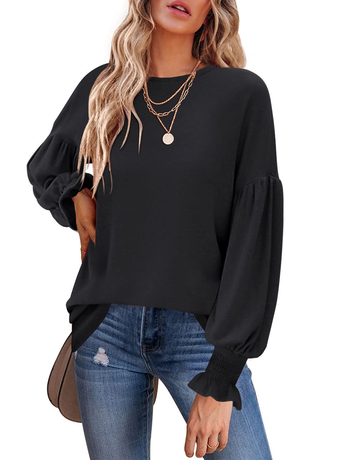 Women's Crewneck Ruched Lantern Sleeve Long Tunic Top