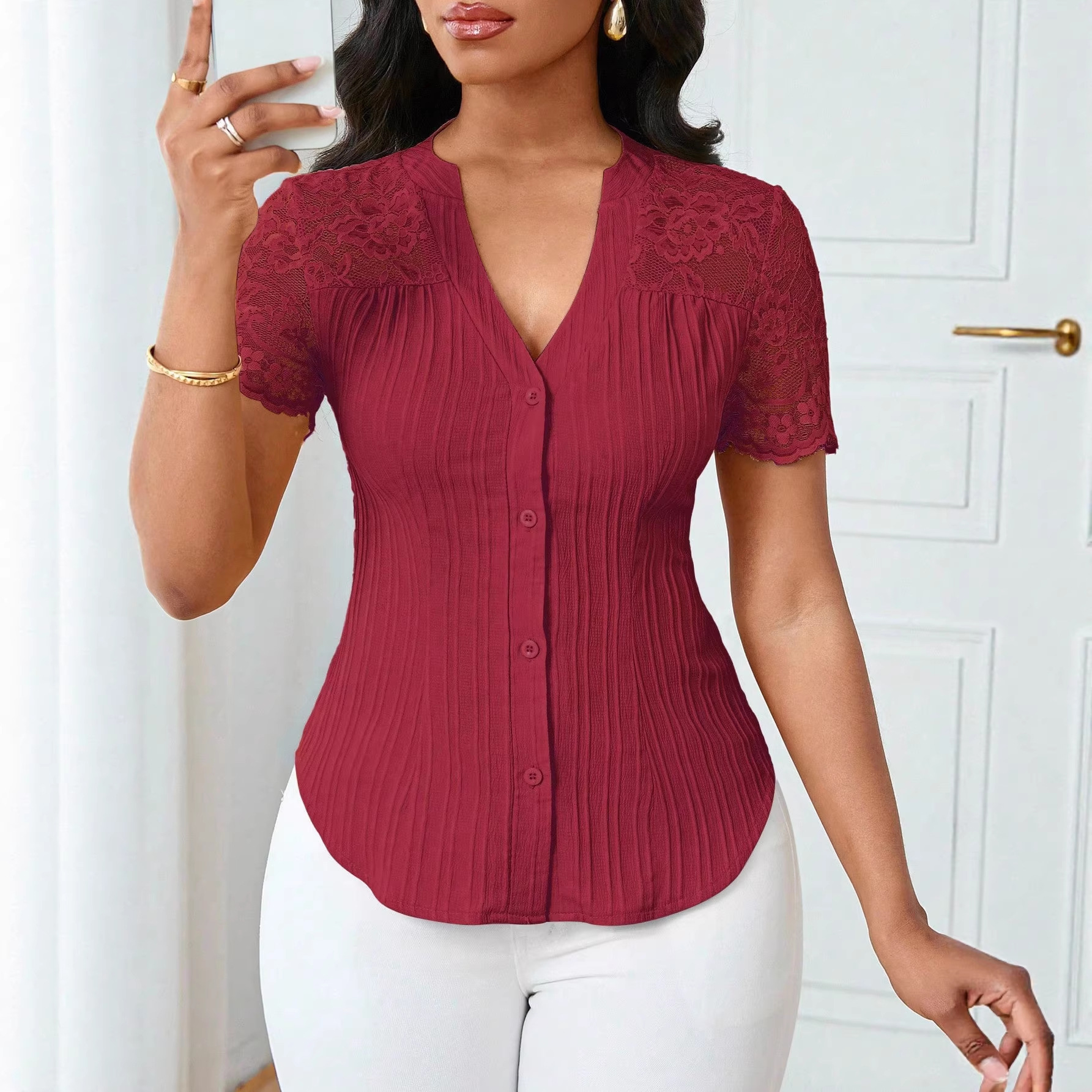 Women's Single-Breasted Embroidered Cutout Short-Sleeve Top