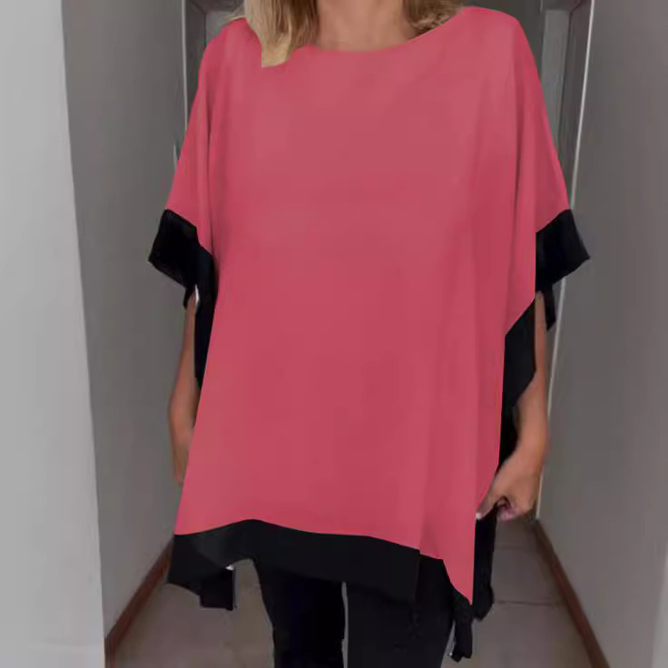 Women's Summer Round Neck Loose Short Sleeve Batwing Sleeve Color Block T-Shirt