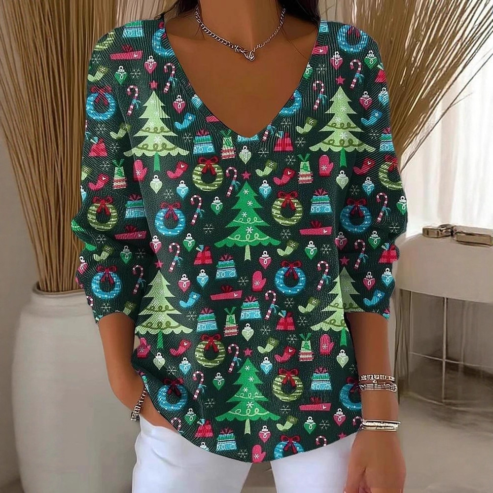 Halloween Plant & Tree Print V-Neck Long-Sleeve T-Shirt for Women