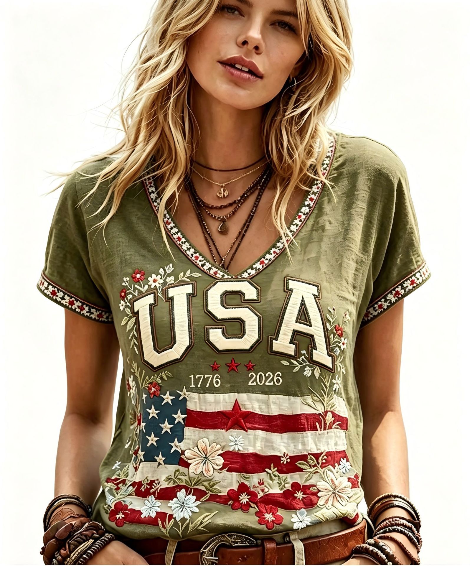 American Flag Letter Print V-Neck Short Sleeve Women's T-Shirt