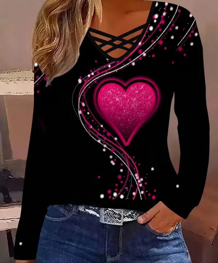 Women's Heart Print Long Sleeve V-Neck T-Shirt