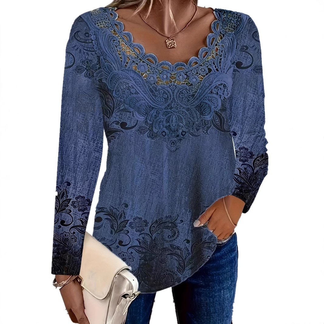 Women's Lace Trim Round Neck Long Sleeve Top
