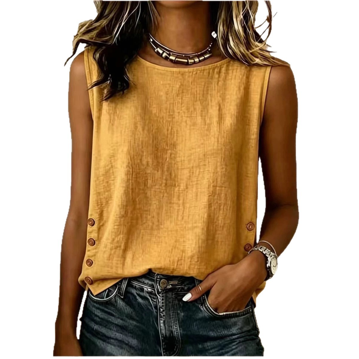 Women's Solid Crewneck Sleeveless Loose Casual Tank Top