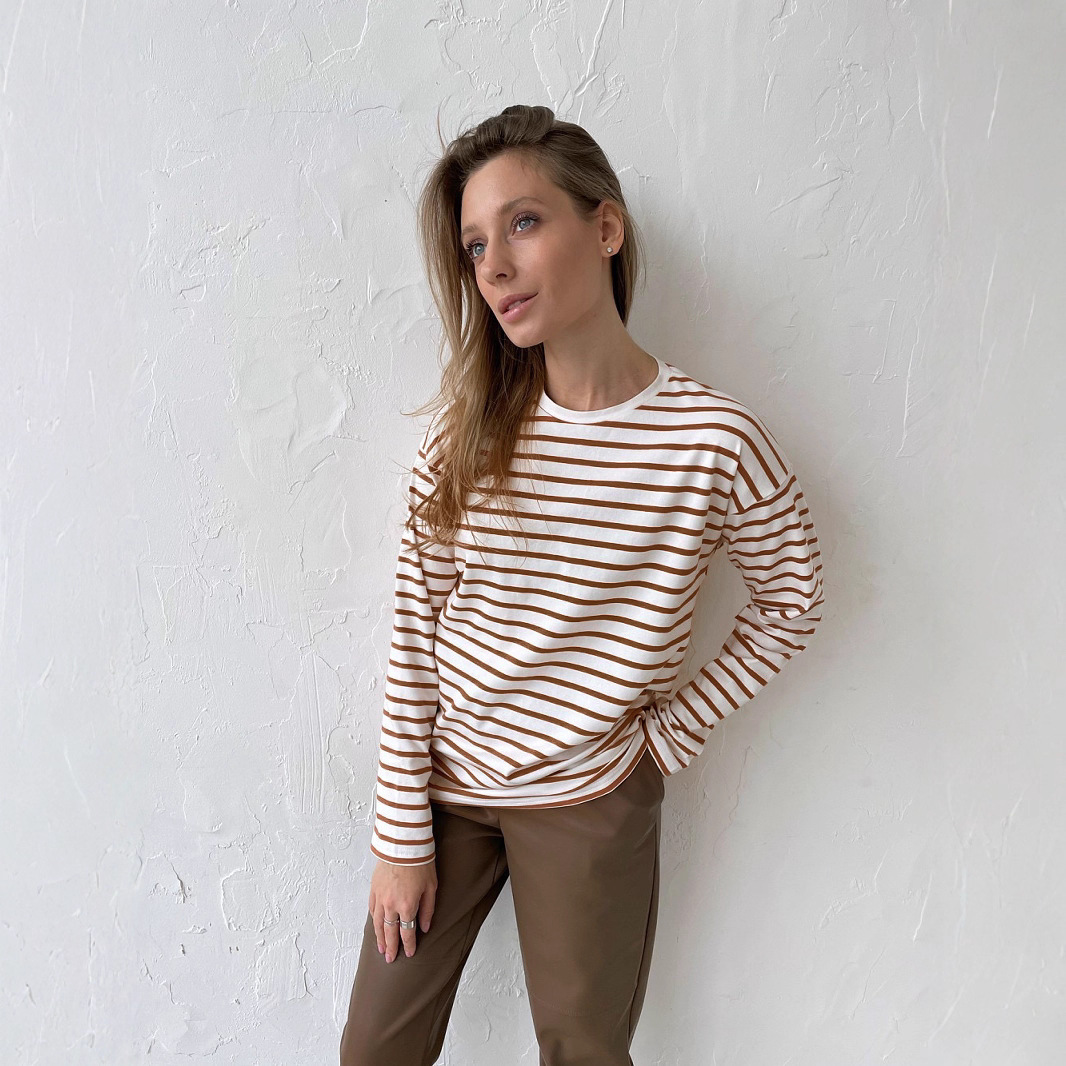Long Sleeve Striped Cotton T-Shirt Crew Neck Casual