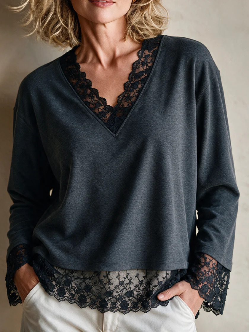 Women's Lace Spliced V-Neck Long-Sleeve Top
